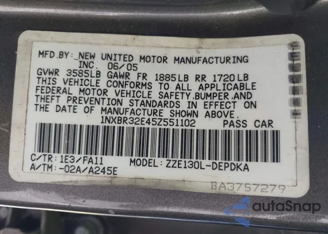 2005 Toyota Corolla Ce/Le/S из США, поврежденный, VIN 1NXBR32E45Z551102